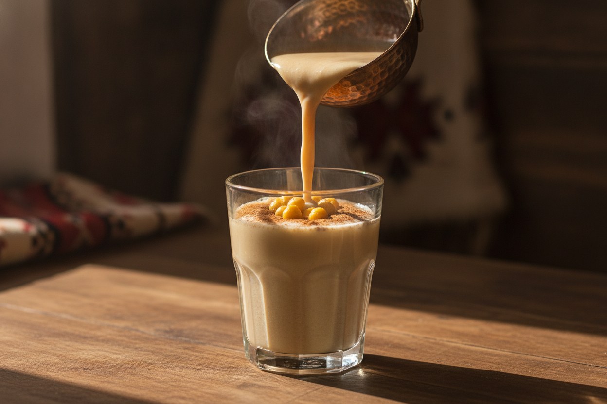 Bakır maşrapadan bardağa dökülen koyu kıvamlı taze boza, üzerinde tarçın ve leblebi