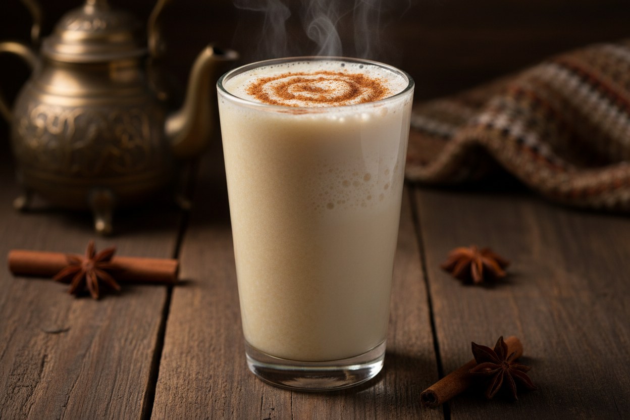 İkiye bölünmüş bardakta yarım boza yarım salep sunumu